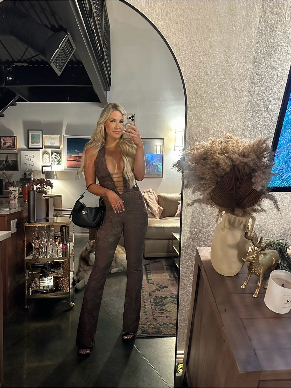 Sheer Lace Plunge Halter Jumpsuit in Brown